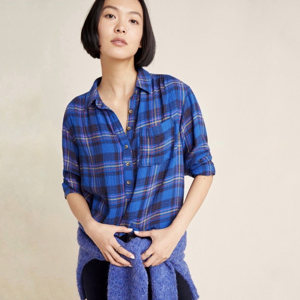 Anthropologie | Isadora Button Back Plaid Tunic Pullover‎ Top Size M